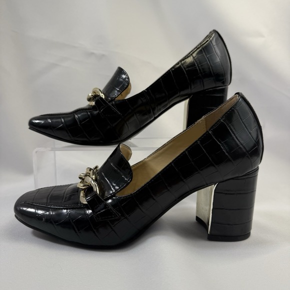Liz Claiborne Croc Embossed Block Heel Loafers Black‎ W/Gold Chain Size 6 Classy - Picture 4 of 9
